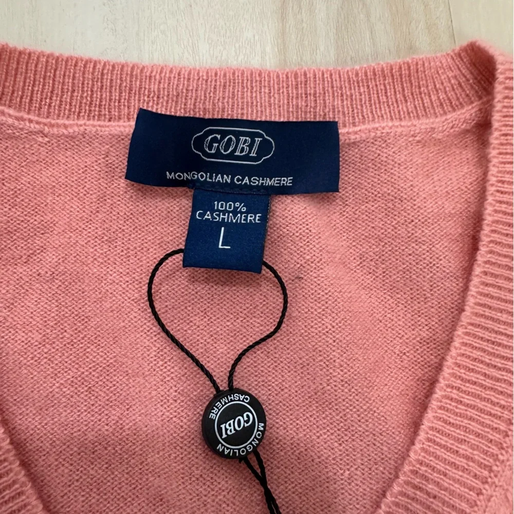 NWT Gobi Mongolian Cashmere V Neck Sweater Women's Large Peach Pink - Picture 2 of 12